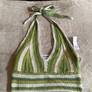Hollister Green and White Crochet Halter Top